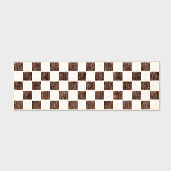 EVERGRACE Checkered Plaid Area Rug 2x6, Soft Fuzzy Faux Wool Rugs Washable Anti Slip Rugs Long Runner Rug for Entryway Bedroom Living Room Hallway Dining Room and Laundry, Dark Brown and White
