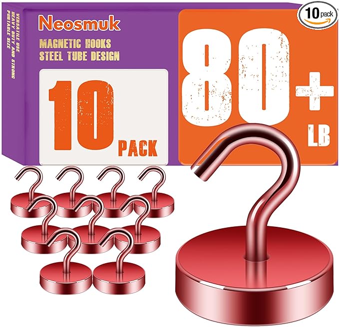 Neosmuk Magnetic Hooks, Cruise Ship Essentials, 80lb+ Heavy Duty Magnetic Hooks for Cruise Cabins, Refrigerator, Grill, Hanging, and Travel | Extra Strong Must-Haves Magnet Hook,Red