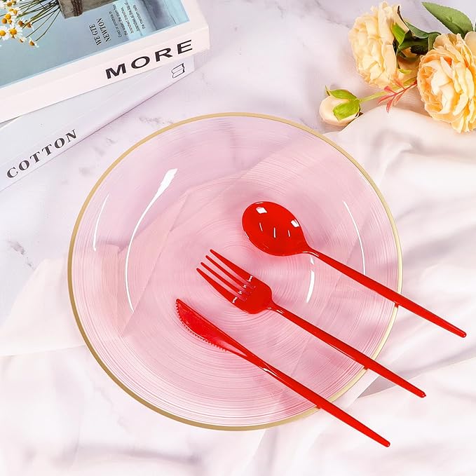 Gudvilla 120pcs Red Plastic Silverware Set Sturdy Red Utensils Disposable Plastic Cutlery Heavy Duty includes Forks and Spoons and Knives Sets for Valentines Day Birthday Graduation Chinese New Year