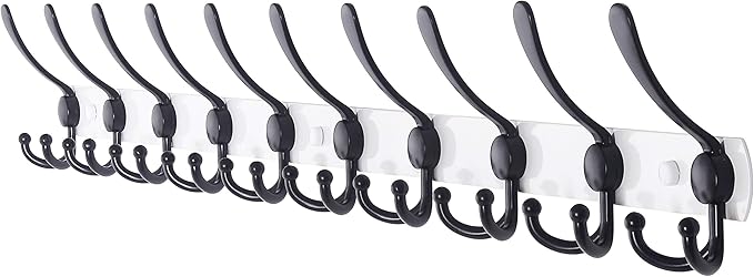 Dseap Coat Rack Wall Mount - 38” Long 10-Tri-Hooks Heavy Duty Coat Hanger Rail Wall Hooks for Hanging Coats Hats Clothing Clothes Purse Mudroom Entryway, White/Black