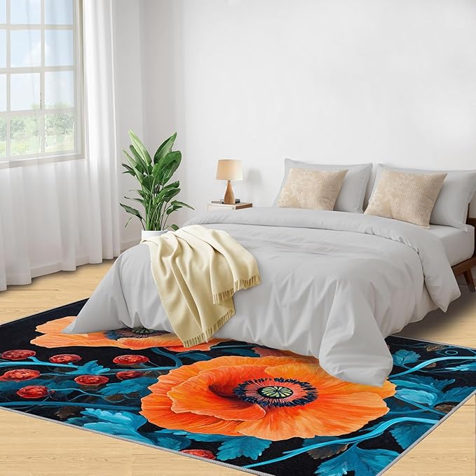 5x7 Poppy Rugs for Bedroom - Retro Flowers Art Print Rug, Rustic Florals Art Rug Non Slip Soft Rugs for Living Room Hardwood Floors Teen Room
