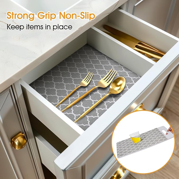 Shelf and Drawer Liner for Kitchen Cabinets Non-Adhesive, Strong Grip Non-Slip Thickened Cabinet Liners for Shelves, Waterproof Mats for Dresser Cupboard, Gray, 12 in x 10 Feet
