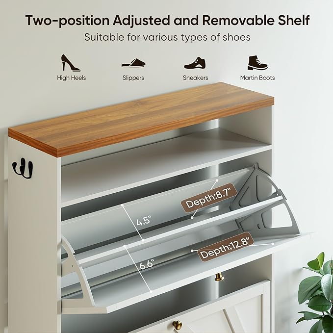 PARTPHONER Shoe Storage Cabinet with 2 Flip Drawers, Modern Hidden Shoe Storage Organizer, Narrow Wooden Freestanding Shoe Rack with Motion Sensor Light, Hallway, Foyer, White