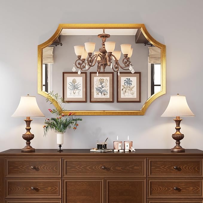 Kelly Miller Small Gold Mirror for Wall, 20"x28" Gold Bathroom Vanity Mirror Scalloped Mirror Decorative Wall Mirror Beveled for Master Bath Half Bath Living Room Bedroom Fireplace Mantle Entryway