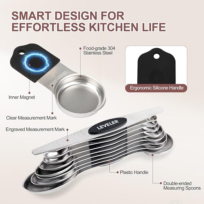 16-Piece Stainless Steel Measuring Cups and Spoons Set, Strong Magnetic Nesting Design 7 Cups 8 Spoons with Leveler, Double Measurement Markings for Dry & Liquid Ingredients, Black