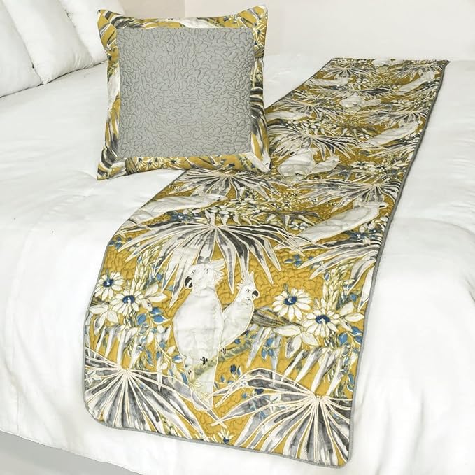 The HomeCentric King/Queen/Twin Grey & Yellow Decorative Full 68"x18" Bed Runner with Pillow Cover, Cockatoo Bird & Quilted Bed Scarf on Cotton Fabric - Cockatoo Love