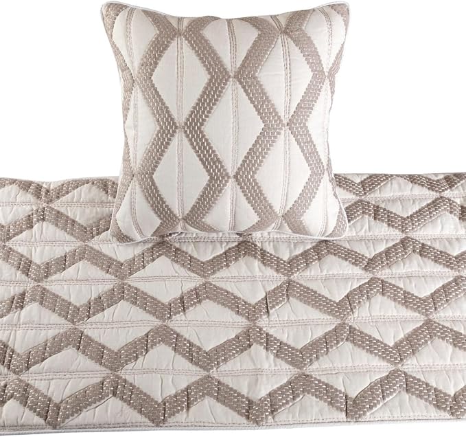 The HomeCentric Ivory Bed Runner, Twin Size 53"x18" Decorative Bed Runner with Matching Pillow Cover, Ivory & Taupe Linen Bed Scarf in Quilted Pattern & Linen Embroidery - Pattern Flatter