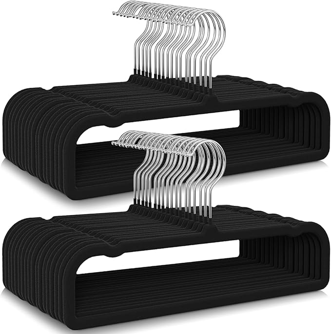 100 Pack Velvet Hangers Non Slip, Felt Pants Hangers Thin Space Saving Clothes Hanger Flocked Strong Durable Ganchos para Colgar Ropa with 360°Swivel Hook for Pants Jeans Shorts Tank Top, Black