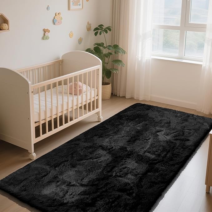 Soft Runner Rugs for Bedroom, Black 2x6 Area Rugs Fluffy Rug Shaggy Area Rug Carpet, Bedside Rug for Living Room Bedroom Kids Room Home Decor