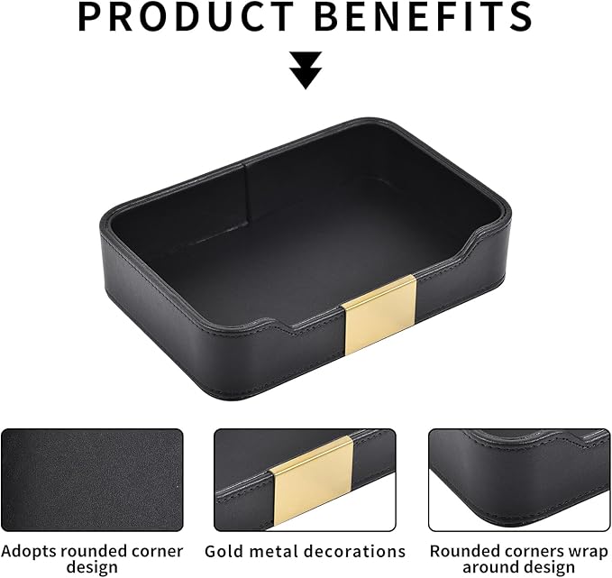 Luxury Leather Valet Tray Desktop Storage Organizer,Bedside Vanity Catchall Tray Nightstand Caddy Holder for Cosmetic,Jewelry,Watch,Keys,Phone,Wallet,Remote Controller,Pen,Black