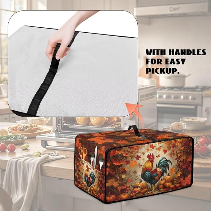 Air Fryer Toaster Oven Cover with Pockets, Stain-resistant Microwave Oven Protector for Kitchen Countertop, S, 14.5 x 18.5 x 9 Inches, Chicken Rooster Pumpkin Fall Leaves