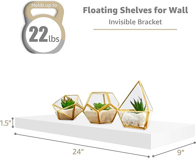 Sorbus Floating Shelves for Wall - 24" Bathroom Shelves, Wall Decor for Bedroom, Kitchen, Living Room, Home Decor & Book Storage - Mounted Floating Shelf with Invisible Brackets (White, 2 Pack)