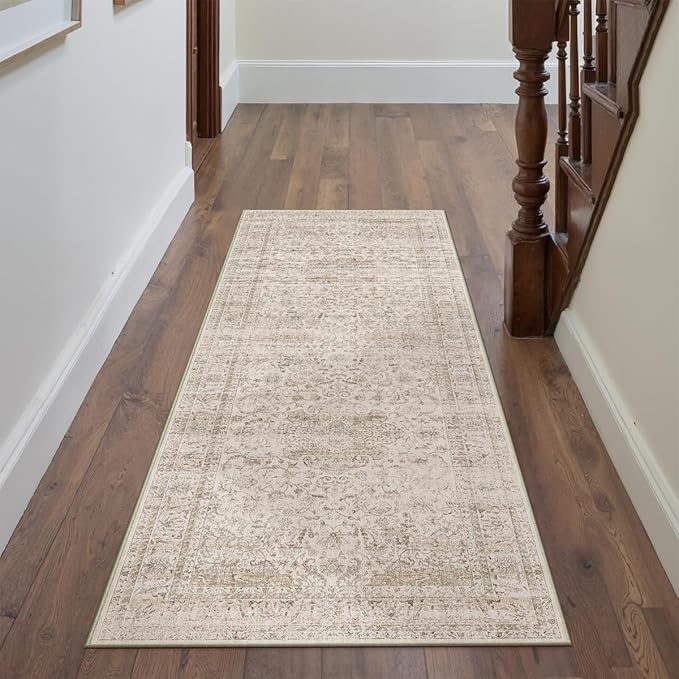 2x6 Washable Beige Runner Rug Vintage Hallway Kitchen Carpet Non-Slip Soft Low Pile Distressed Throw Rug for Bedroom Bathroom Laundry Living Room