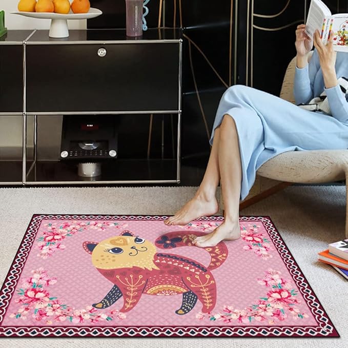 Cartoon Animal Pattern Area Rug Cute Cat Luxury Floral Decor for Carpet Farmhouse Bedroom Living Room Rugs Bathroom Kitchen Runner Mat Indoor Outdoor Non Slip Doormat 4' X 7'