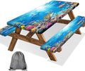 Ocean Animals Picnic Table Cover with Bench Covers, Camping Essentials, Underwater Sea Turtles Waterproof Windproof, Fitted Tablecloth Cover with Elastic Edge, for Garden & Outdoor, 3 PCS, 30x72 Inch