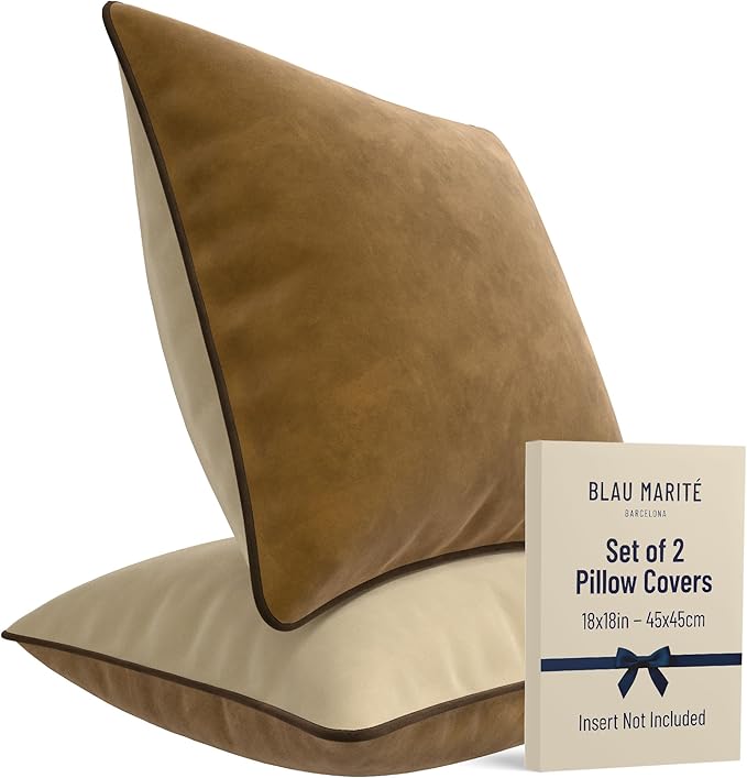 Set of 2 Decorative Throw Pillow Covers Cushion Cases. Soft Velvet. Contrast Pipping Edge. Filling Not Included. (18x18in, Camel/Beige)