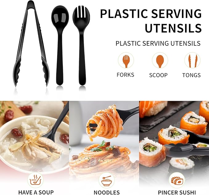 36PCS Disposable Serving Utensils Including Plastic Spoons, Tongs and Forks