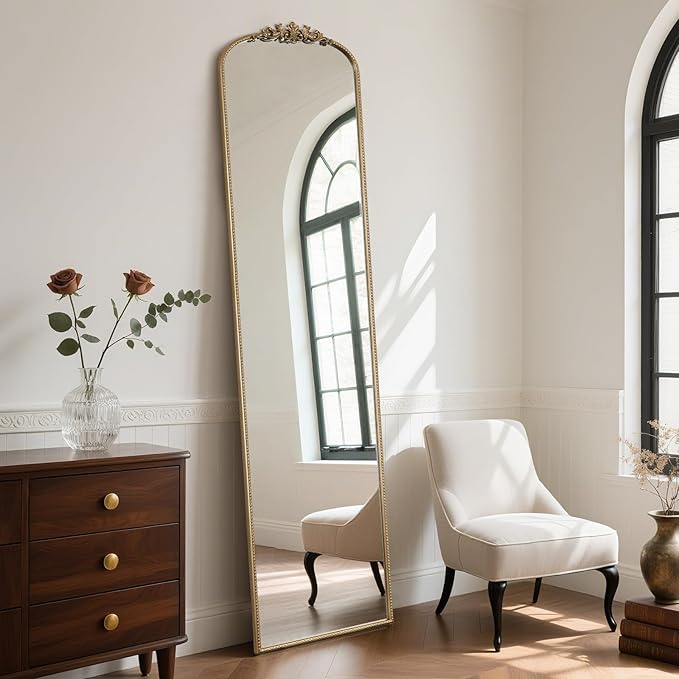 WallBeyond Arched Full Length Mirror Wall Mounted, 21x78 Inch Gold Antique Mirror, Vintage Metal Frame Full Body Mirro for Bedroom, Living Room, Hanging or Leaning
