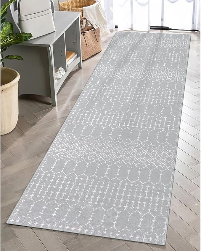 Lahome Moroccan Runners for Hallways 2x6 Washable Non-Slip Carpet Runner Throw Ultra-Thin Kitchen Bedroom Rugs Grey Distressed Print Rug Entrance Bathroom Laundry Room Living Grey/White 2' x 6'