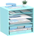 5-Tier Wood Desk Organizer, Paper Tray Organizer for Desk with Adjustable Storage Shelves, Desktop File Organization Paper Sorter Mail Holder for Office Home Classroom, Blue