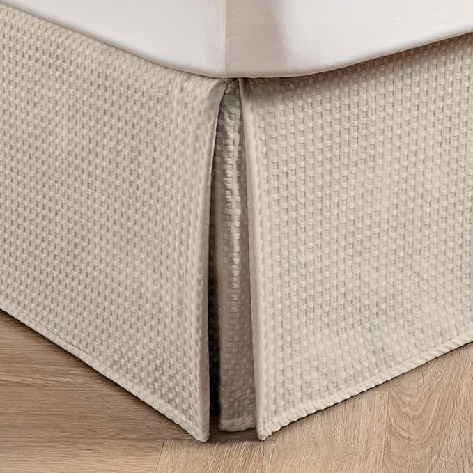 MIYE Pleated Waffle Weave Bed Skirt, Tailored Dust Ruffle 16 Inch Drop Easy Fit, Machine Washable,No Split Corners (Beige, Queen - 16" Drop)