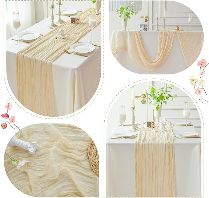 Sioloc 5 Pack Beige Cheesecloth Table Runner 120'' x 35'',Spring Easter Decor Soft Gauze Boho Wedding Table Decor for 10ft Table Birthday Party,Baby Shower, Bridal Shower, Home & Event Decor