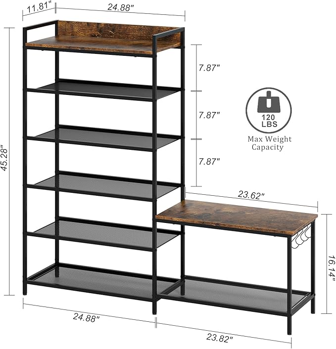 Shoe Rack Bench Storage Organizer for entryway,6-Tier Industrial Free Standing Shoe and Boot Racks with Seat,Entrance Shoe Rack Organizer Shelves for High Heels,Hallways, Closets,Brown,48.7in
