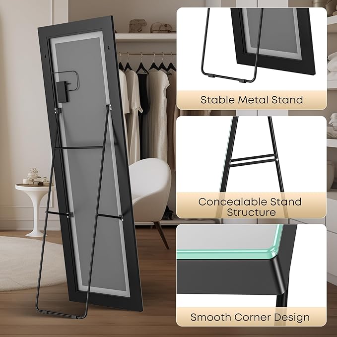Kosmonia 56"x18" Full Length LED Mirror with Lights, Dimmable Standing/Wall Mirror for Bedroom, Full Body Lighted Floor Mirror, Tempered Glass, Easy Setup w/Stand, Wall/Standing
