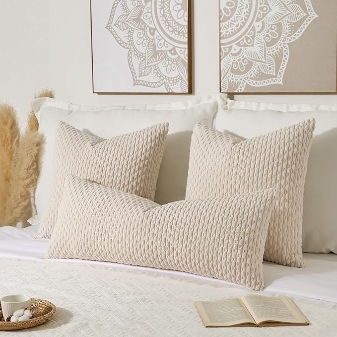 Kevin Textile 20x54 Inch Long Body Lumbar 1 Pack Boho Decorative Throw Pillow Cover Soft Striped Corduroy Rectangle Cushion Case Farmhouse Accent for Living Room Couch Sofa Bed, Cream White