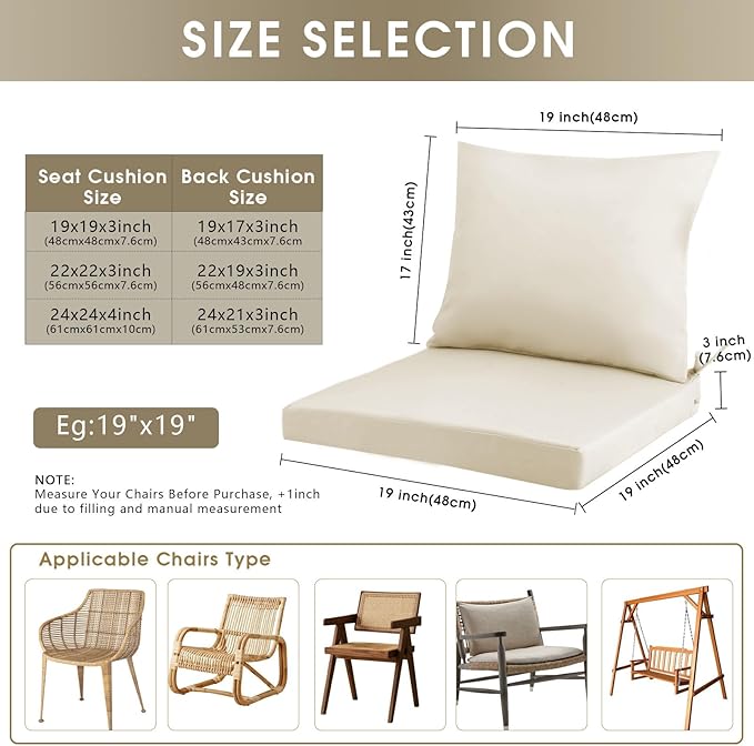 Outdoor Seat Cushion Set 24 x 24 In, Water-Resistant & Fade-Resistan, Patio Furniture Cushions with Removable Cover Deep Seat & Back Cushion with Handle and Adjustable Straps for Chair Sofa,1PC