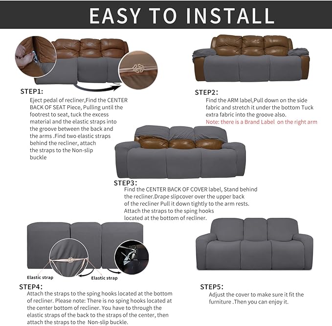 Easy-Going 8 Pieces Recliner Sofa Stretch Sofa Slipcover Sofa Cover Furniture Protector Couch Soft with Elastic Bottom Kids, Spandex Jacquard Fabric Small Checks Gray