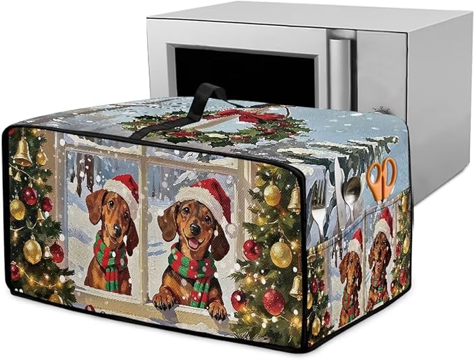 Convection Oven Dust Cover with Storage Pockets, Protective Smart Oven Cover for Kitchen Countertop for Christmas Holiday Party, M, 16.5 x 20.5 x 10 Inches, Dachshund Dog Christmas Tree