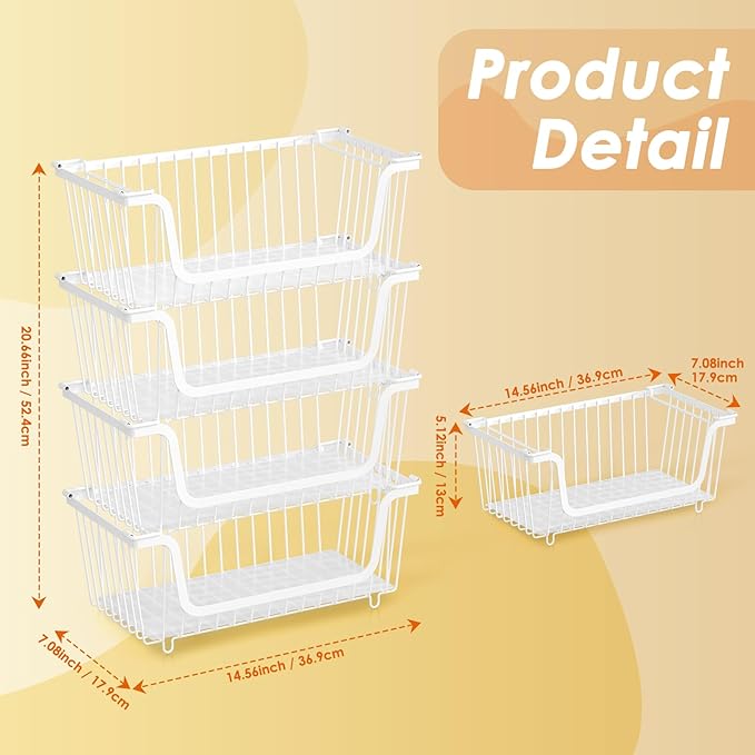 4 Pack Stackable Wire Baskets with Handles for Pantry Organizers and Storage, Fruit and Vegetable wire storage baskets, Potato and Onion Storage Bin, Metal Baskets for Organizing Snacks, Cans (White)