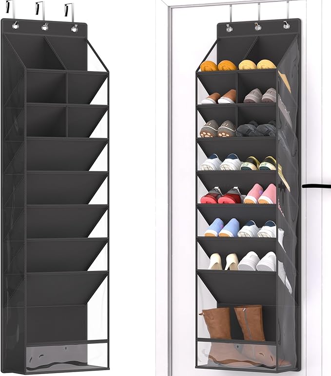 Over the Door Shoe Organizer, Hanging Shoe Rack for Closet with 16-20 Pairs Capacity, Foldable Storage for Shoes, Boots, Sneakers, for Dorm Room, Apartment, Small Spaces（Black
