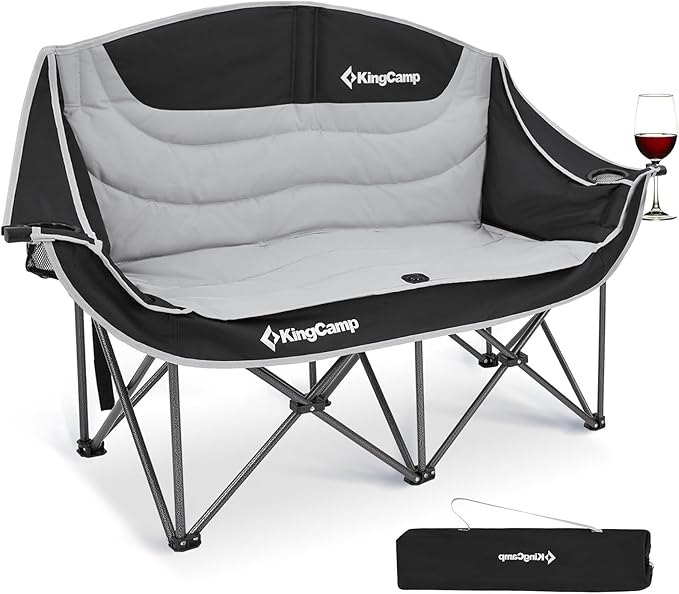 KingCamp Double Camping Chair, Oversized Heavy Duty 660lbs Loveseat for Adults Portable Folding XL 2 Person Couch Padded Comfortable Two Seat with Cup Holder for Outdoor Lawn Backyard, Black/Grey