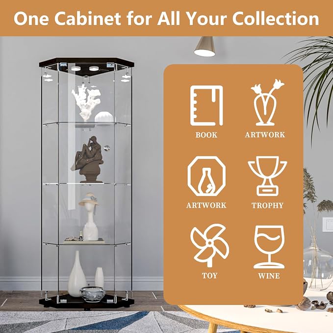 LFT HUIMEI2Y Glass Display Corner Cabinet 4-Shelf, Curio Cabinets Fast