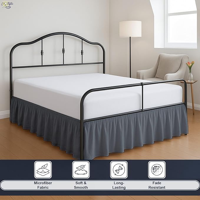 Cottington Lane Ruffled Bed Skirt Queen Size with Split Corner, Brushed Microfiber Hotel Quality Dark Grey Dust Ruffle, 24 Inch Drop Gathered Bedskirt, Soft and Stylish, Shrinkage and Fade Resistant