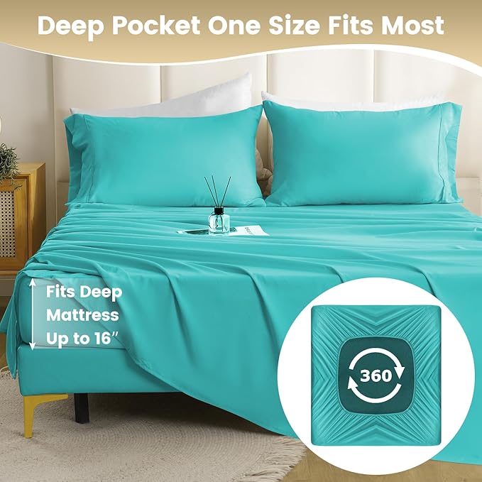 California King Size Sheet Set - Luxury 4 Piece Breathable Soft Sheets for King Size Bed, 16" Deep Pocket Wrinkle Free Cooling Bedding Sheet and Pillowcase Set Cal King Size, Turquoise