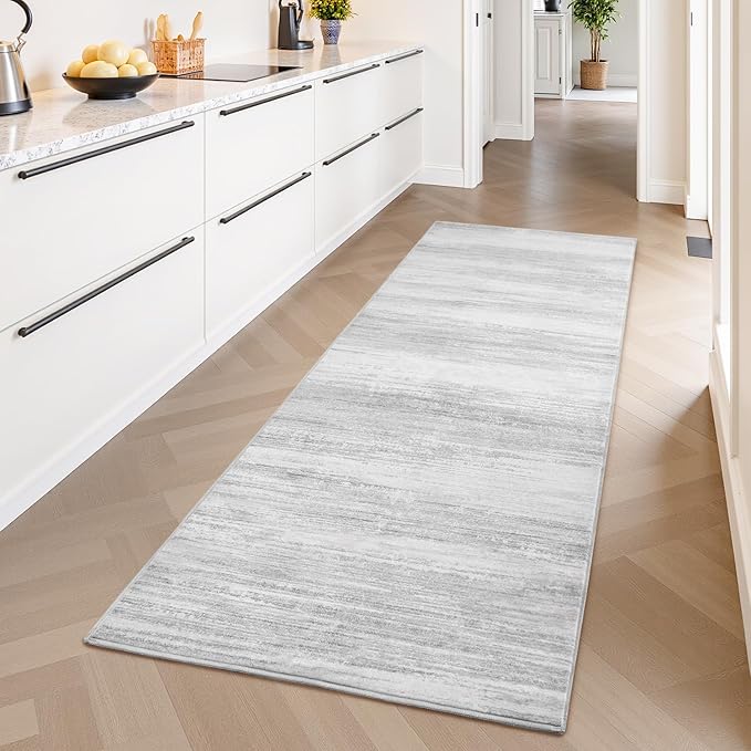 PADOOR Modern Abstract Runner Rug - 2x6 Washable Hallway Rugs, Ultra Soft Non-Slip Low Pile Floor Rugs for Hallway Entryway Kitchen Bedroom Bedside Laundry Room Grey