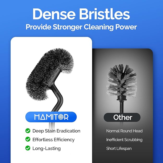 HAMITOR Toilet Brush and Holder Set Under Rim Deep Cleaning Curved Bristle