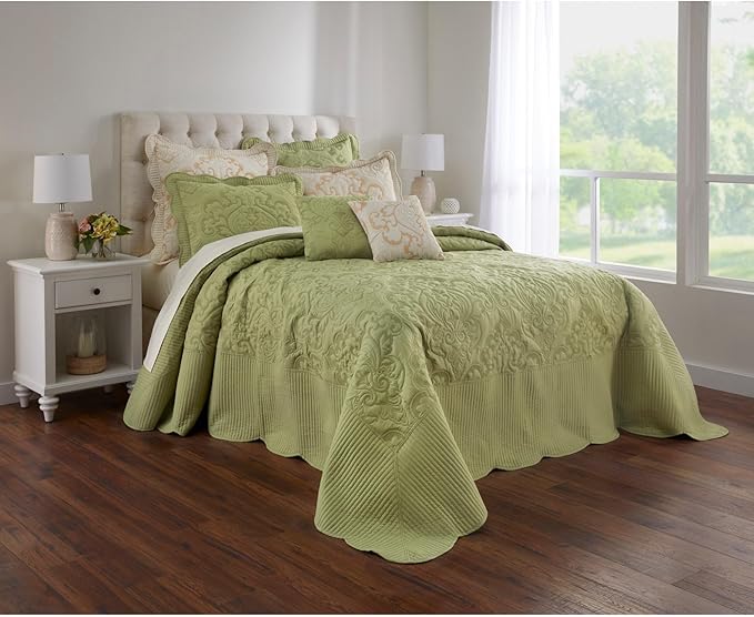 BrylaneHome Bedding Lightweight All Season Modern Amelia Quilted Damask Oversized Ultra Soft Bedspread - Twin, Sage
