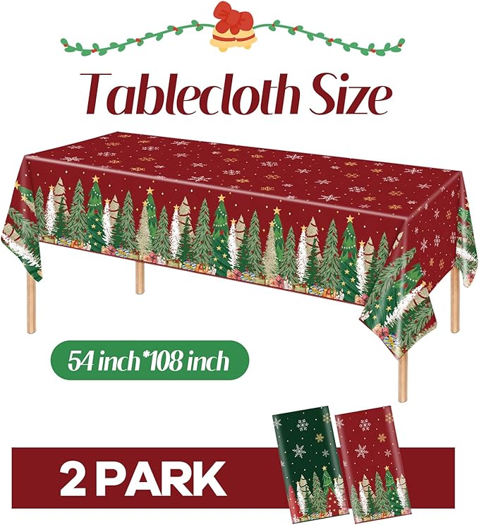 Christmas Tablecloth, 2 Pack Plastic Christmas Tablecloth Disposable for Rectangle Table Snowflake Xmas Tree Table Cloth Tables Cover for Xmas Holiday New Year Party Supplies Decoration 54 x 108 Inch