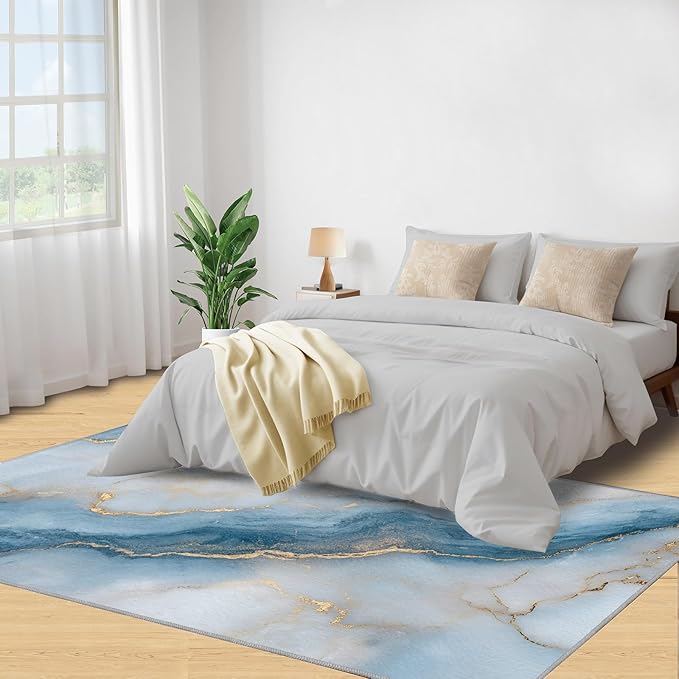 2x4 Abstract Marble Runner Rug for Hallway - Blue-White-Marble Kitchen Mat, Luxury Stone Pattern Kitchen Runner Rug Soft Non Slip Anti Fatigue for Laundry Room Indoor Hallways