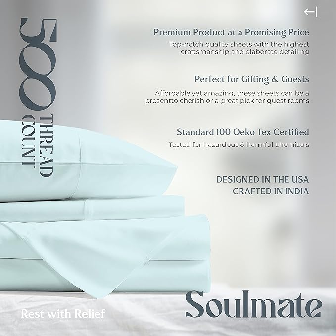 Mayfair Linen 500 Thread Count Twin Cotton Sheets - 3 PC Twin Size Bed Sheet Set Cotton (Sea Foam), Soft, Cooling, Sateen Hotel-Quality 16" Deep Pocket Bedsheet for Hot Sleepers (Fits 18" Mattress)