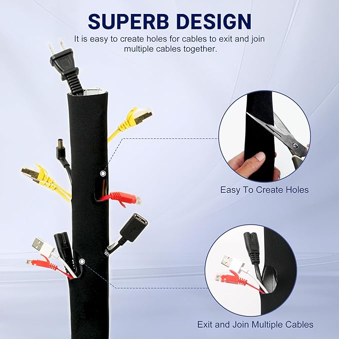 Neoprene Cable Management Sleeve 10ft (120 inch) - 1.5 inch, Slim Cuttable Cord Organizer, Split Wire Loom Tubing Reversible Cord Protector for TV USB PC Ethernet Cable Hider Protect Pets Kids