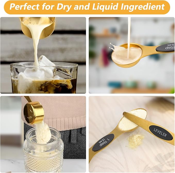 GuDoQi Gold Magnetic Measuring Spoons and Cups Set of 12, 8 Dual Sided Magnetic Measuring Spoons set with Leveler, 4 Measuring Cups, Premium Stainless Steel, Measuring for Liquid and Dry Ingredients