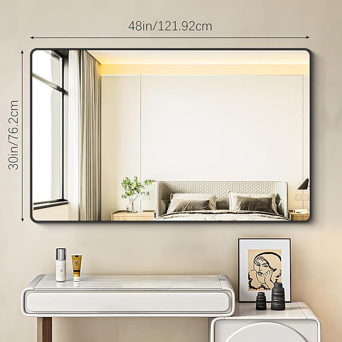 BONEWEI 30x48 inch Bathroom Mirror,Black Rectangle Mirror,Wall Mounted Bathroom Frame Vanity Mirror with Round Corner for Bedroom Living Room, Entryway Hangs Horizontal or Vertical