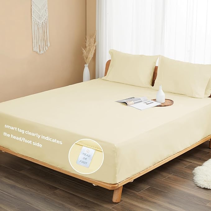 Sunflower Queen Fitted Sheet, 1-Piece Extra Deep Pocket Fitted Bottom Sheet 22", 100% Cotton Sateen Soft Breathable, Butter Cream