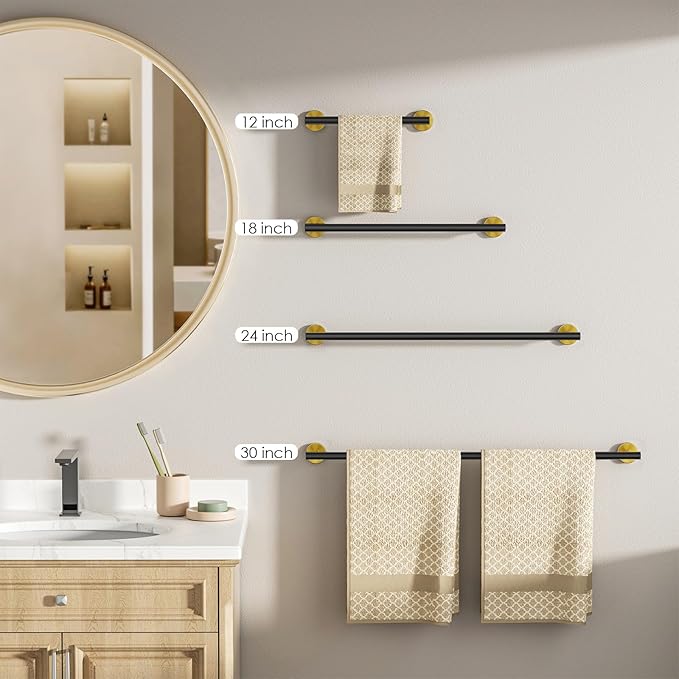 FORIOUS Black and Gold Towel Bar for Bathroom Wall, 24 Inch Stainless Steel Towel Racks for Bathroom, Includes Wall Mounting Hardware (Black and Gold,Total Length 26-Inch)