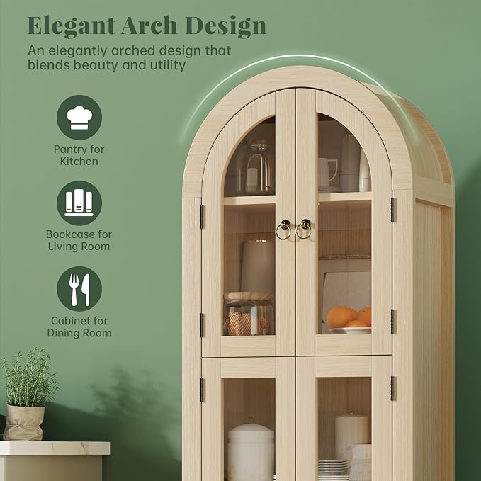 71" Tall Arched Cabinet with Acrylic Door, Modern Curio Arched Bookcase W/Drawer